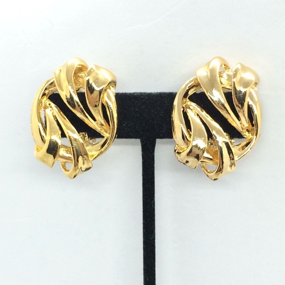 3/$30 VINTAGE 80S 90S GOLD TONE CLIP ON EARRINGS ABSTRACT TWIST OVAL RUNWAY - Picture 4 of 11